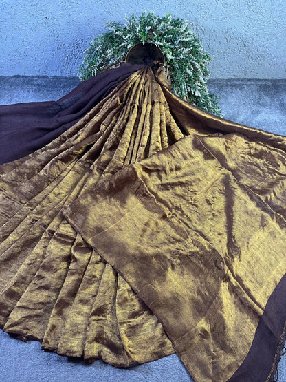 BROWN TWILL METALLIC PURE HANDLOOM LINEN SAREE