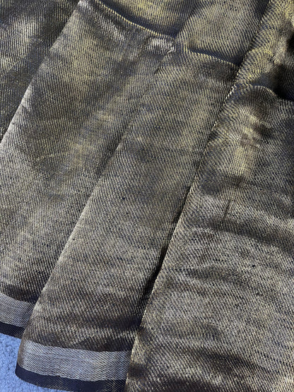 BLACK GOLD TWILL METALLIC PURE HANDLOOM LINEN SAREE