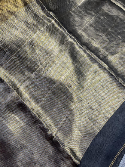 BLACK GOLD TWILL METALLIC PURE HANDLOOM LINEN SAREE