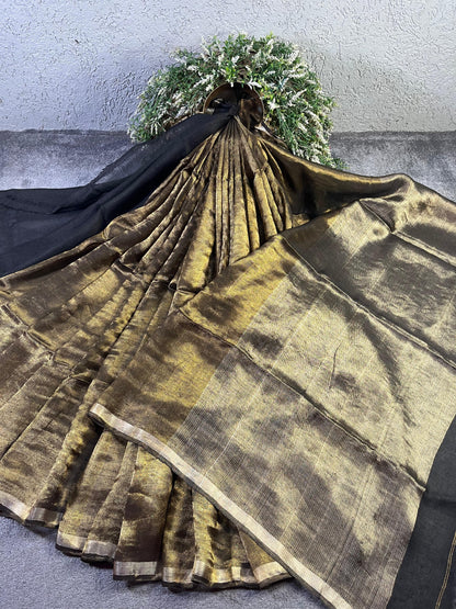 BLACK GOLD TWILL METALLIC PURE HANDLOOM LINEN SAREE