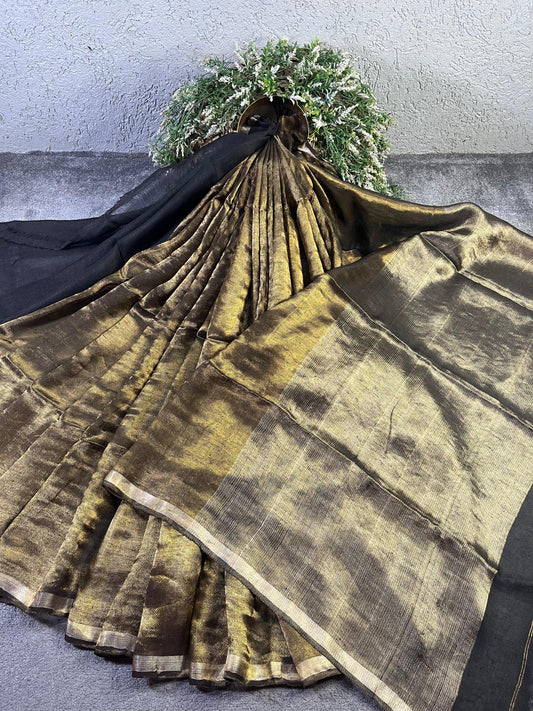 BLACK GOLD TWILL METALLIC PURE HANDLOOM LINEN SAREE