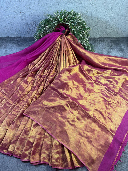 PINK TWILL METALLIC PURE HANDLOOM LINEN SAREE
