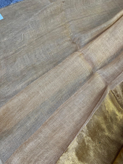BEIGE TWILL METALLIC PURE HANDLOOM LINEN SAREE
