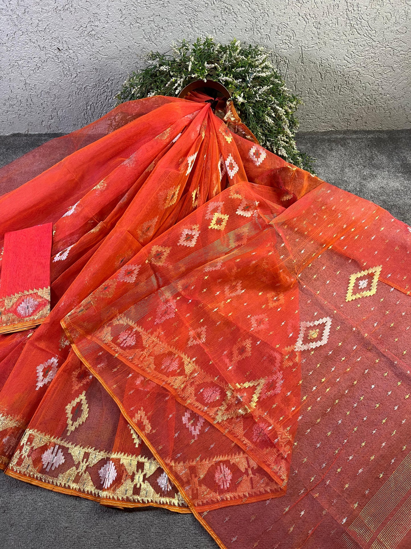 ORANGE PURE HANDLOOM DHAKAI JAMDANI SAREE