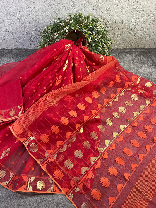 RED PURE HANDLOOM DHAKAI JAMDANI SAREE