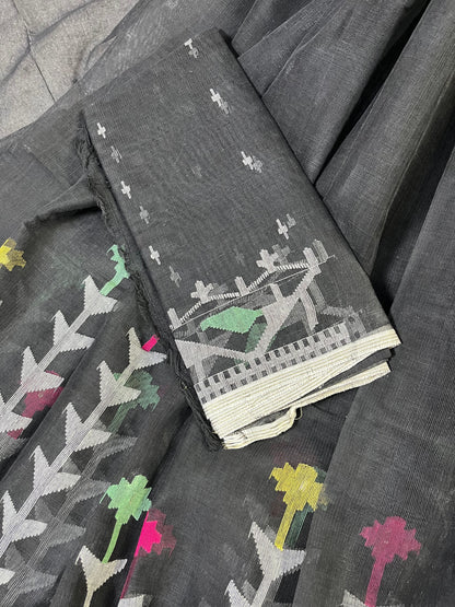 BLACK PURE HANDLOOM DHAKAI JAMDANI SAREE