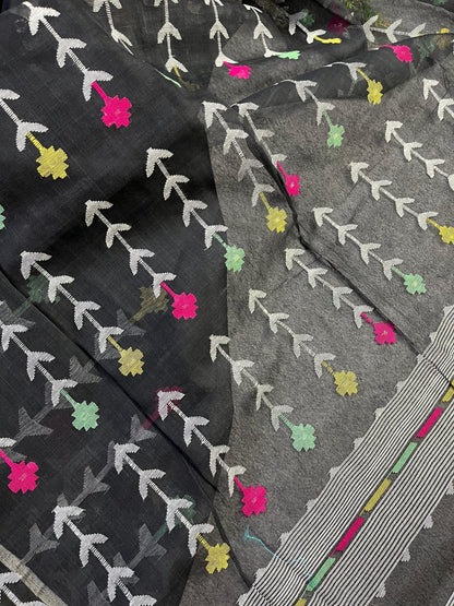 BLACK PURE HANDLOOM DHAKAI JAMDANI SAREE