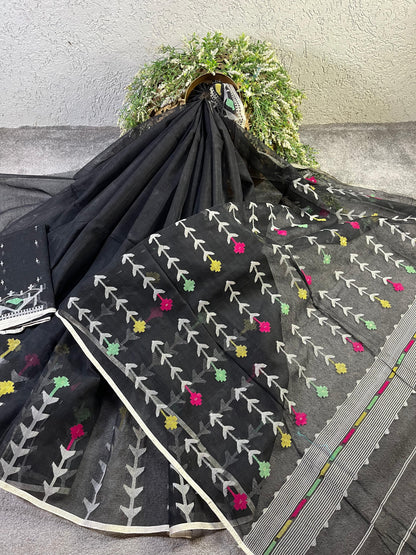 BLACK PURE HANDLOOM DHAKAI JAMDANI SAREE