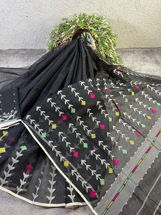BLACK PURE HANDLOOM DHAKAI JAMDANI SAREE