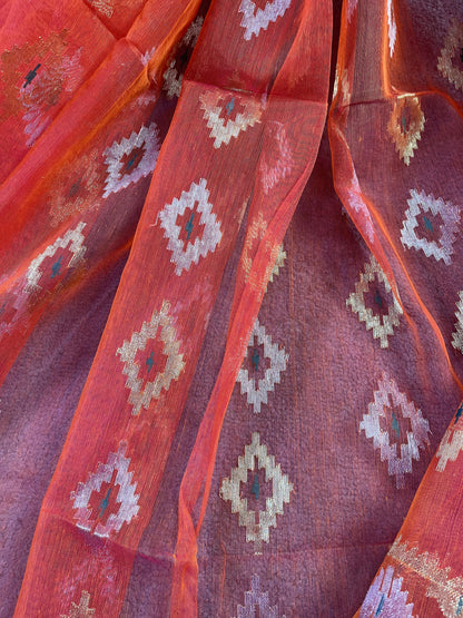ORANGE PURE HANDLOOM DHAKAI JAMDANI SAREE
