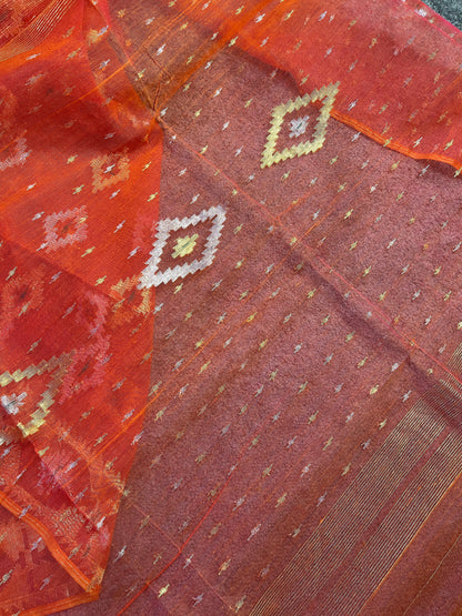 ORANGE PURE HANDLOOM DHAKAI JAMDANI SAREE