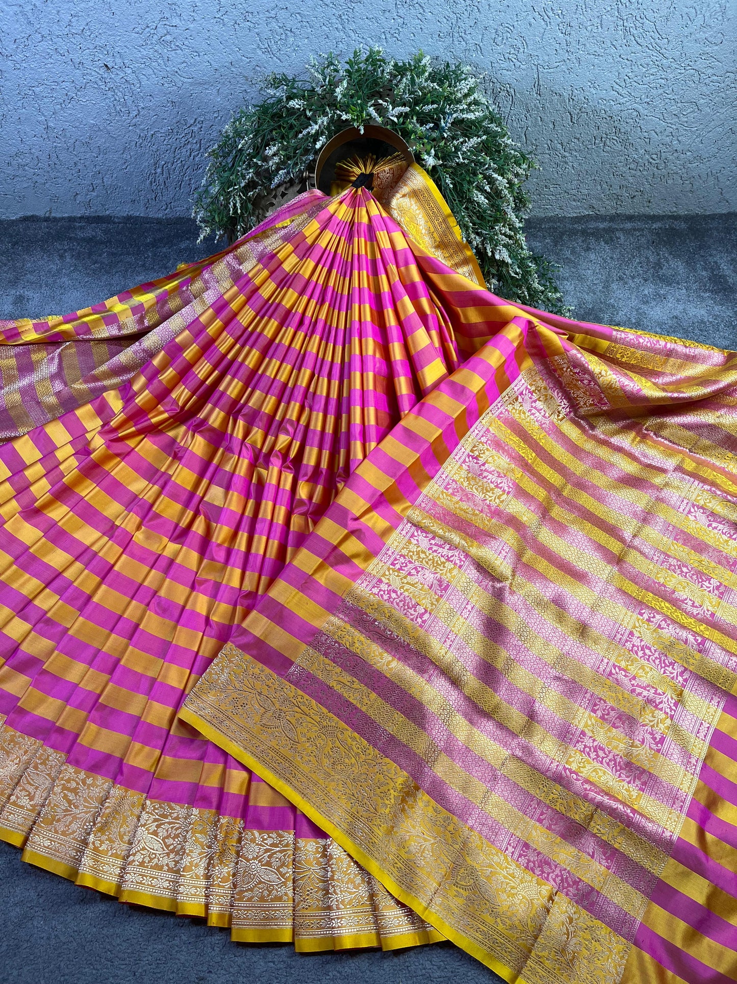 PINK YELLOW MASHRU SILK PURE HANDLOOM BANARASI SAREE