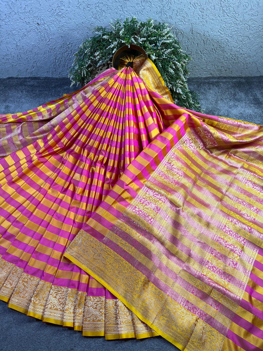 PINK YELLOW MASHRU SILK PURE HANDLOOM BANARASI SAREE