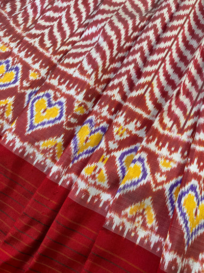 RED WHITE SILK PURE HANDLOOM IKKAT SAREE