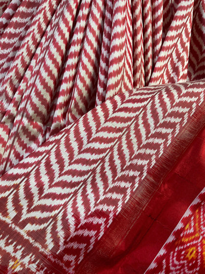 RED WHITE SILK PURE HANDLOOM IKKAT SAREE