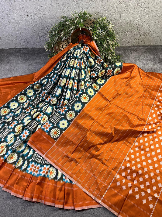 ORANGE SILK PURE HANDLOOM IKKAT SAREE