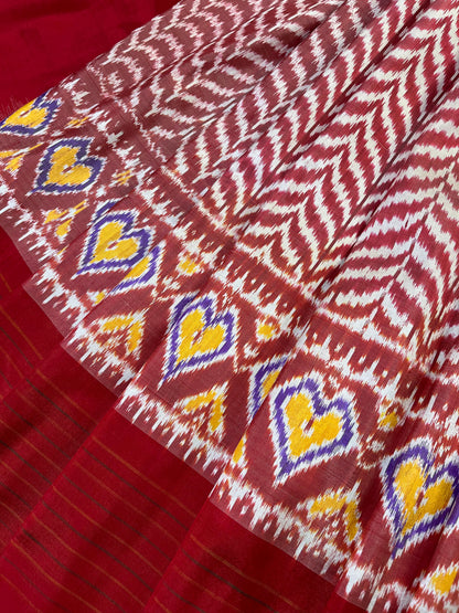 RED WHITE SILK PURE HANDLOOM IKKAT SAREE