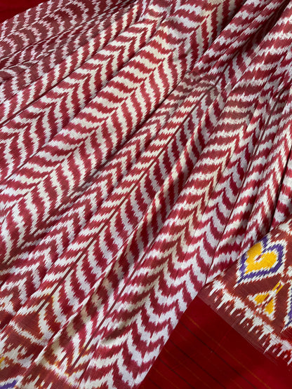 RED WHITE SILK PURE HANDLOOM IKKAT SAREE