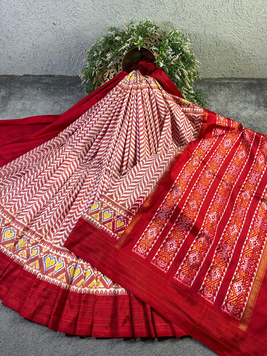 RED WHITE SILK PURE HANDLOOM IKKAT SAREE