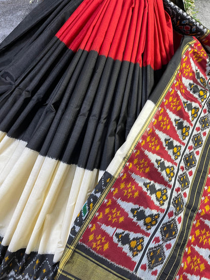 RED BLACK OFFWHITE SILK PURE HANDLOOM IKKAT SAREE