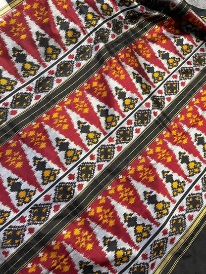 RED BLACK OFFWHITE SILK PURE HANDLOOM IKKAT SAREE