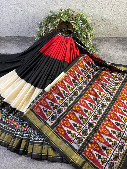 RED BLACK OFFWHITE SILK PURE HANDLOOM IKKAT SAREE