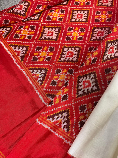 WHITE SILK PURE HANDLOOM IKKAT SAREE