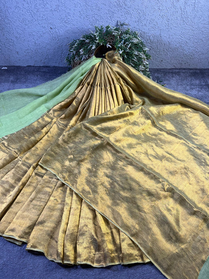 PISTA GREEN TWILL METALLIC PURE HANDLOOM LINEN SAREE