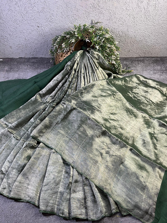 DARK GREEN TWILL METALLIC PURE HANDLOOM LINEN SAREE