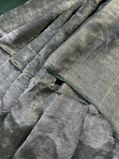 DARK GREEN TWILL METALLIC PURE HANDLOOM LINEN SAREE