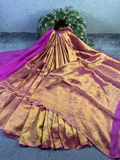 MAJENTA TWILL METALLIC PURE HANDLOOM LINEN SAREE