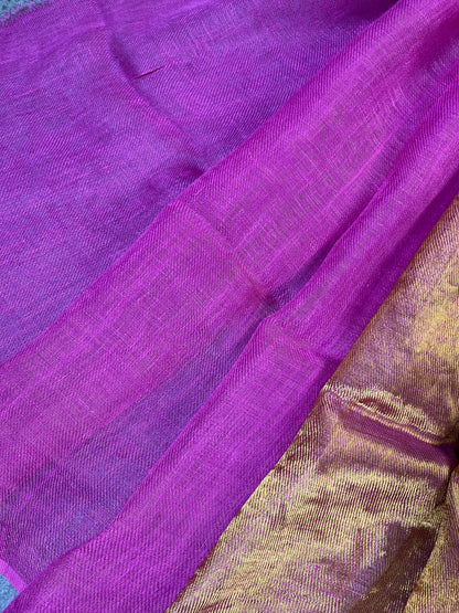 MAJENTA TWILL METALLIC PURE HANDLOOM LINEN SAREE