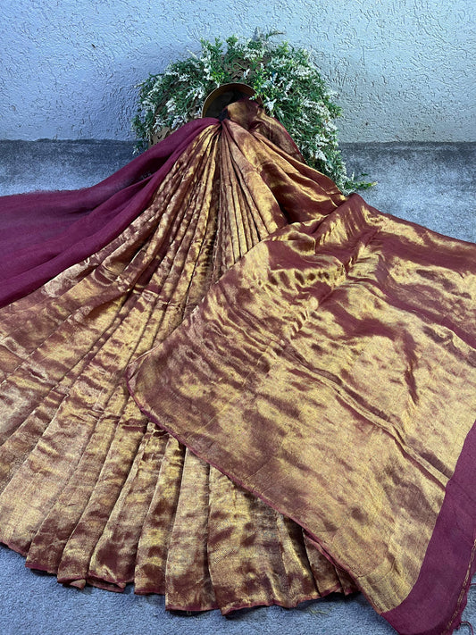 WINE TWILL METALLIC PURE HANDLOOM LINEN SAREE