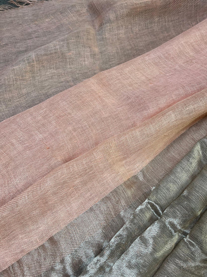 PEACH TWILL METALLIC PURE HANDLOOM LINEN SAREE