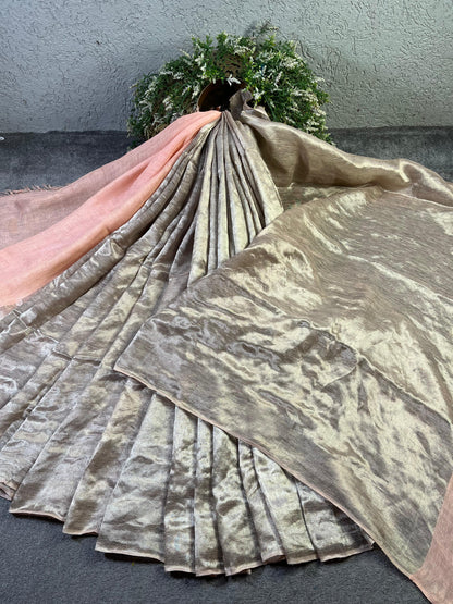 PEACH TWILL METALLIC PURE HANDLOOM LINEN SAREE