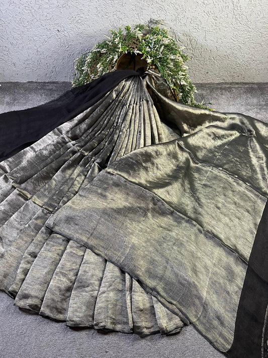 SILVER TWILL METALLIC PURE HANDLOOM LINEN SAREE