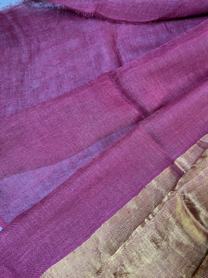 MAROON TWILL METALLIC PURE HANDLOOM LINEN SAREE