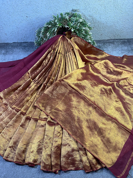 MAROON TWILL METALLIC PURE HANDLOOM LINEN SAREE