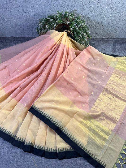 PEACH YELLOW PURE HANDLOOM PONDRU KHADI SAREE