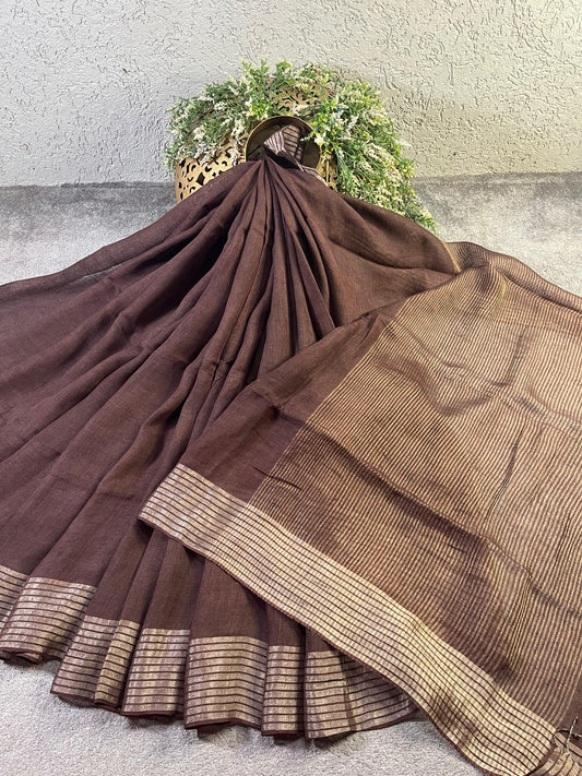 BROWN PURE HANDLOOM LINEN SAREE