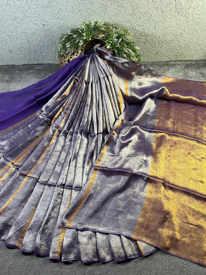 PURPLE TWILL METALLIC PURE HANDLOOM LINEN SAREE