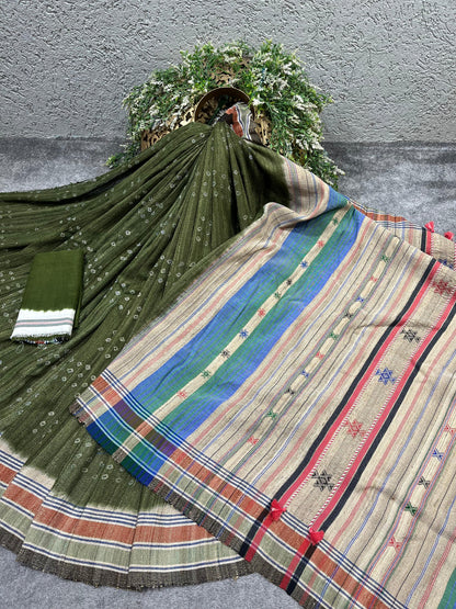 GREEN TASSAR SILK PURE HANDLOOM BHUJODI SAREE