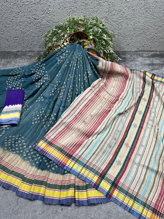 TEAL BLUE TASSAR SILK PURE HANDLOOM BHUJODI SAREE