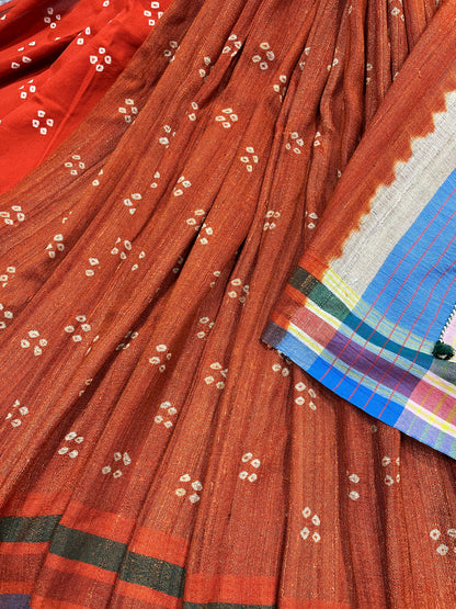 RUST TASSAR SILK PURE HANDLOOM BHUJODI SAREE