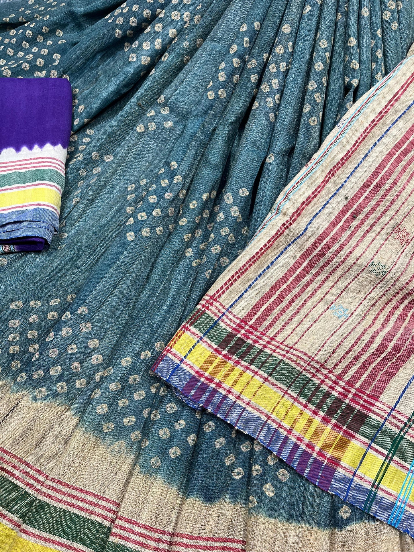 TEAL BLUE TASSAR SILK PURE HANDLOOM BHUJODI SAREE