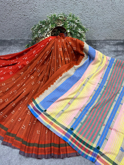 RUST TASSAR SILK PURE HANDLOOM BHUJODI SAREE