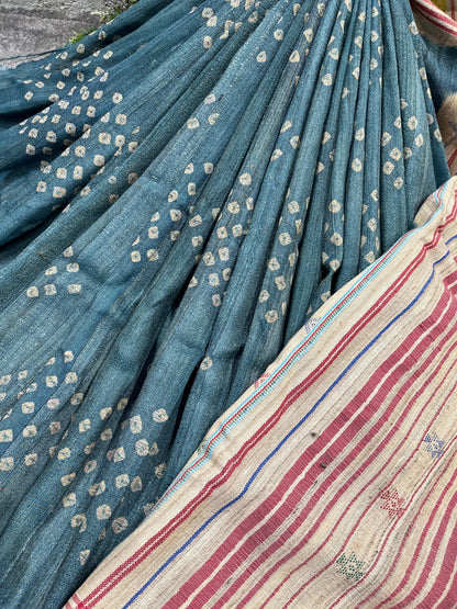 TEAL BLUE TASSAR SILK PURE HANDLOOM BHUJODI SAREE