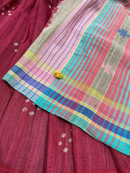 CORAL PINK TASSAR SILK PURE HANDLOOM BHUJODI SAREE
