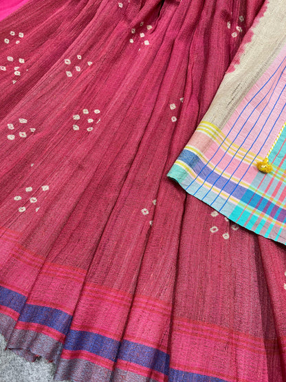 CORAL PINK TASSAR SILK PURE HANDLOOM BHUJODI SAREE