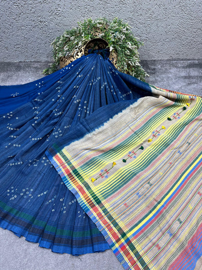 INK BLUE TASSAR SILK PURE HANDLOOM BHUJODI SAREE